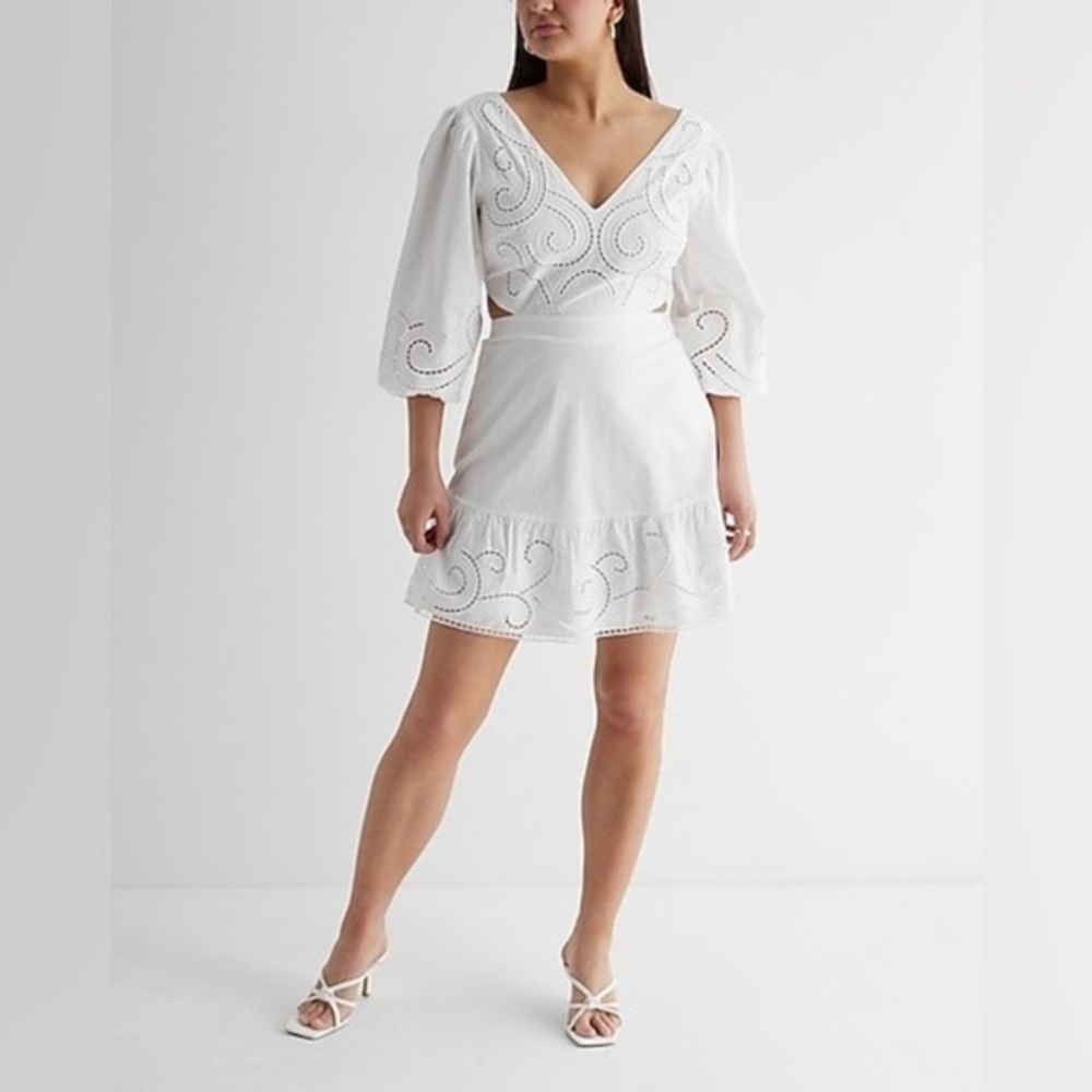 Express Embroidered Eyelet V-Neck Tie Back Poplin Mini Dress Size Small NWT